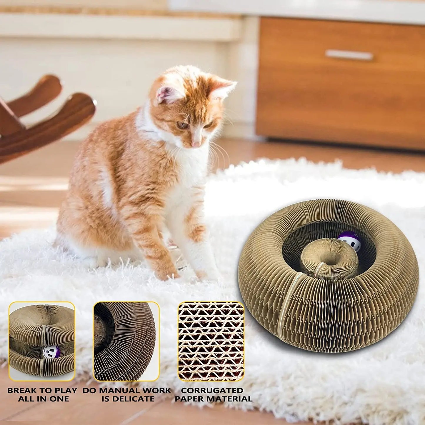 Round Corrugated Cat Scratcher with Ball Track – Multi-Functional Cat Toy & Claw Board