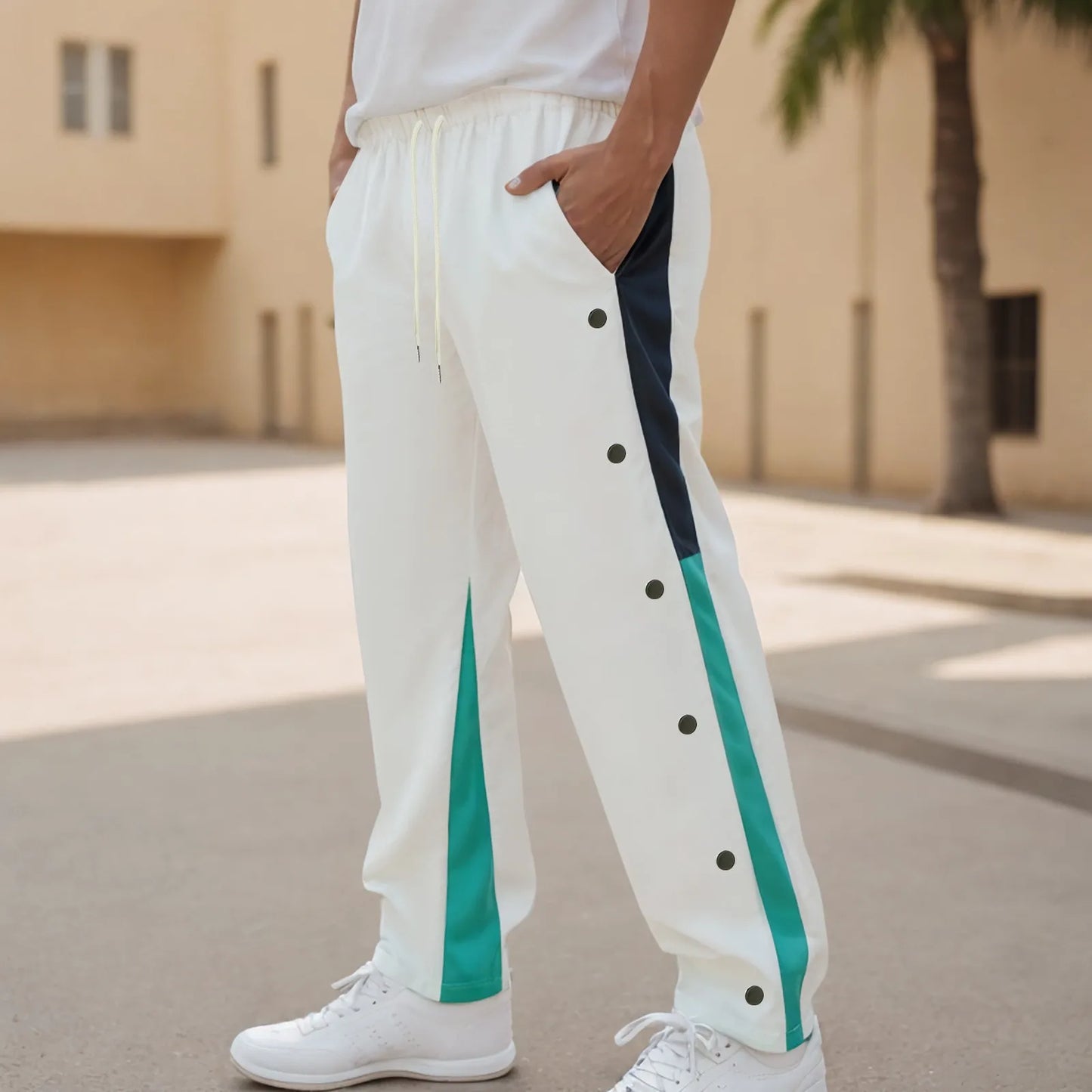 Men Fashion Color Block Casual Pants Comfortable Side Button Down Elastic Waist Drawstring Pocket Street Trendy Casual Bottoms