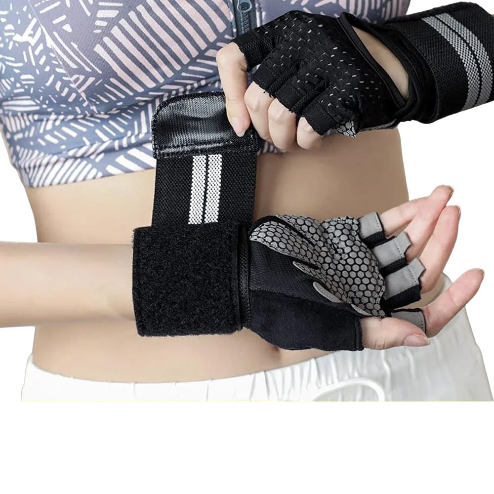 1Pair Half Finger Gym Fitness Gloves with Adjustable Wrist Wrap