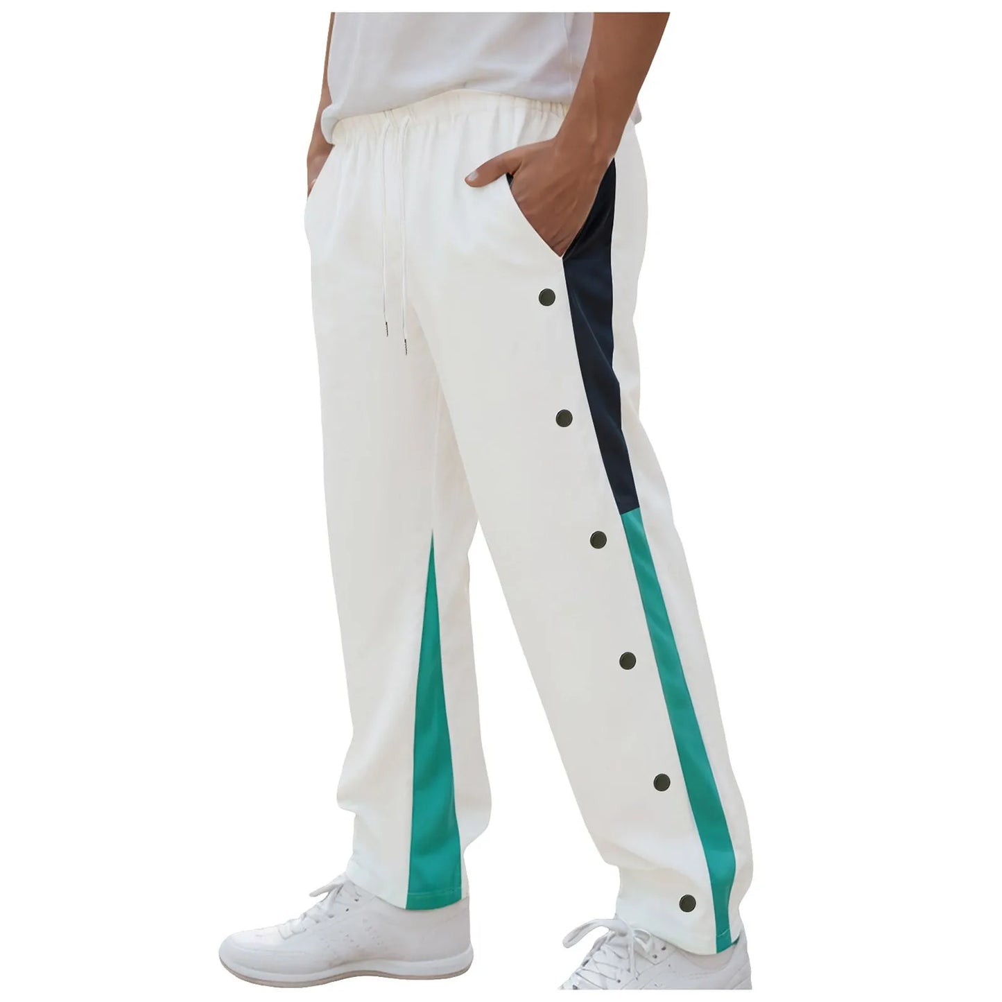 Men Fashion Color Block Casual Pants Comfortable Side Button Down Elastic Waist Drawstring Pocket Street Trendy Casual Bottoms