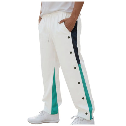 Men Fashion Color Block Casual Pants Comfortable Side Button Down Elastic Waist Drawstring Pocket Street Trendy Casual Bottoms