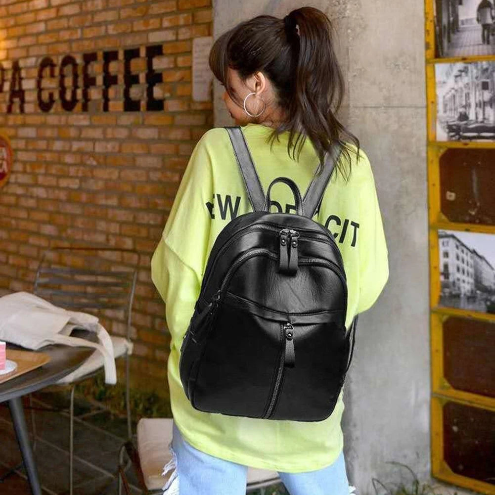 Popular Women Large Capacity Travel Knapsacks Solid Color PU Leather Shoulder Backpacks Student Zipper Rucksack