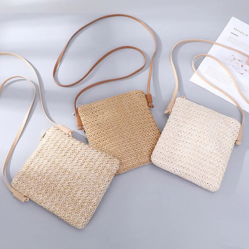 Mini Straw Rattan Woven Plait Small Square Bags For Girl 2024 Summer Beach Slanted Across Straw Messenger Bag Ladies