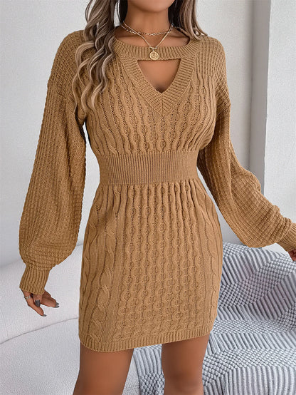 Women Fall Winter Sultry Openwork Fitted Bodycon Sweater Dress Long Sleeve Round Neck Solid