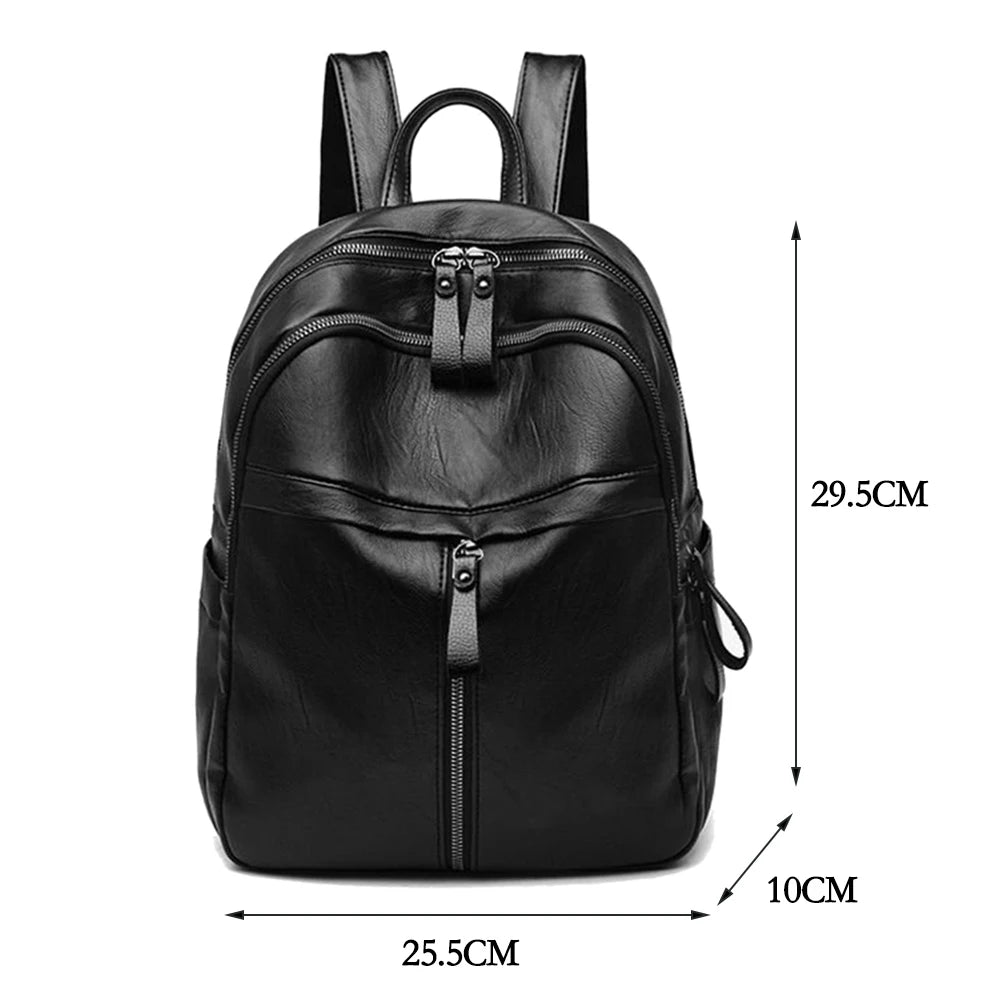 Popular Women Large Capacity Travel Knapsacks Solid Color PU Leather Shoulder Backpacks Student Zipper Rucksack