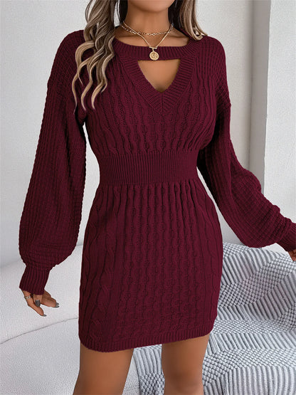 Women Fall Winter Sultry Openwork Fitted Bodycon Sweater Dress Long Sleeve Round Neck Solid
