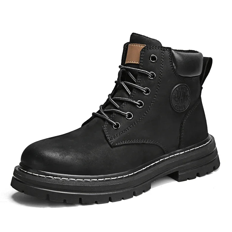 Men’s British Style Knee-High Outdoor Boots – Lace-Up PU Leather Non-Slip Platform Boots