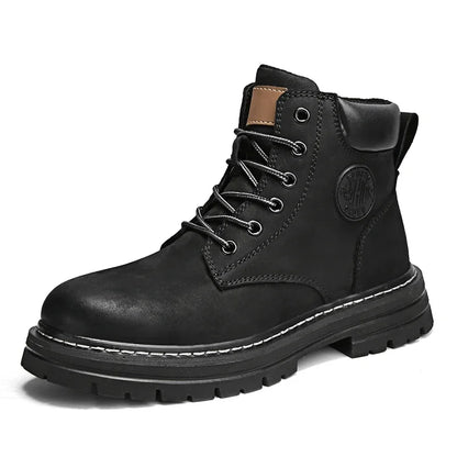 Men’s British Style Knee-High Outdoor Boots – Lace-Up PU Leather Non-Slip Platform Boots