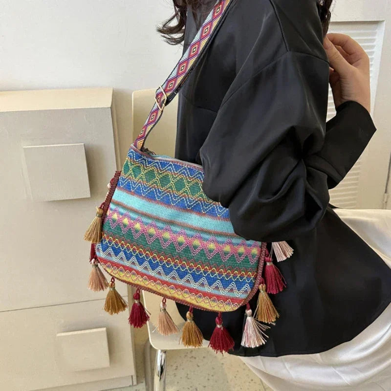 Vintage Women's Bag Tassel Ethnic Handwoven Crossbody for Lady Bag Hippie Sling Shoulder Bags for Ladies Handbag Сумка Женская
