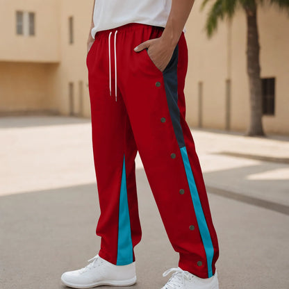 Men Fashion Color Block Casual Pants Comfortable Side Button Down Elastic Waist Drawstring Pocket Street Trendy Casual Bottoms