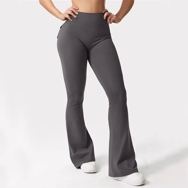 Women's Yoga Flare Trousers, High-Waisted Tummy-Control Wide-Leg Trousers Outdoor Casual Leggings with Pockets, Gym Workout Trou