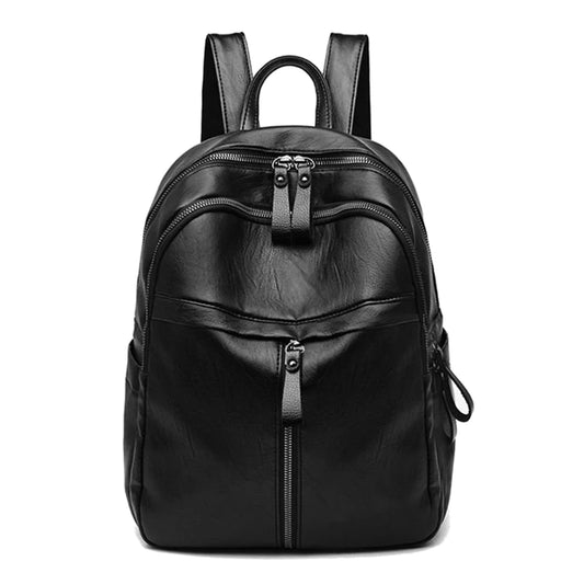 Popular Women Large Capacity Travel Knapsacks Solid Color PU Leather Shoulder Backpacks Student Zipper Rucksack