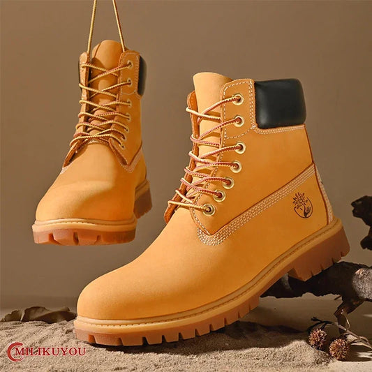 Men’s British Style Knee-High Outdoor Boots – Lace-Up PU Leather Non-Slip Platform Boots