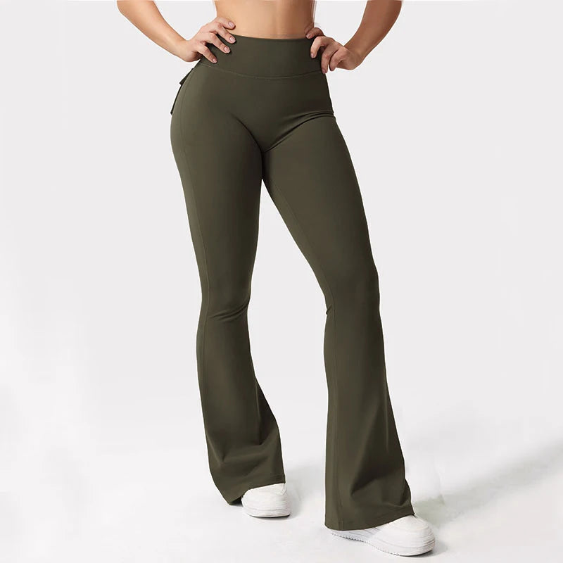 Women's Yoga Flare Trousers, High-Waisted Tummy-Control Wide-Leg Trousers Outdoor Casual Leggings with Pockets, Gym Workout Trou
