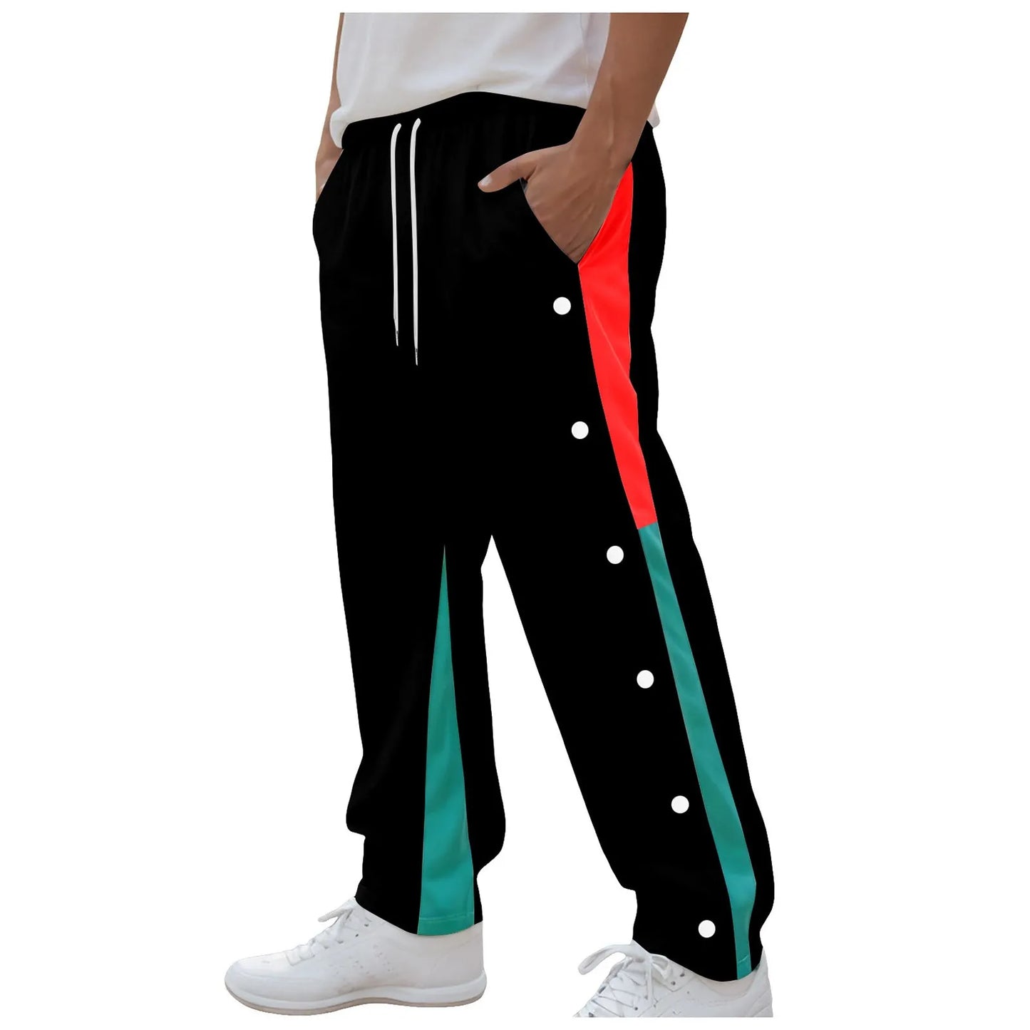 Men Fashion Color Block Casual Pants Comfortable Side Button Down Elastic Waist Drawstring Pocket Street Trendy Casual Bottoms