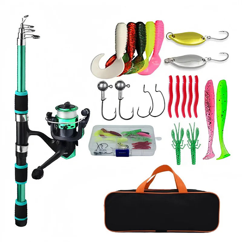 Full Fishing Kit with Telescopic Rod, Spinning Reel & Lures – Portable Travel Pole Set