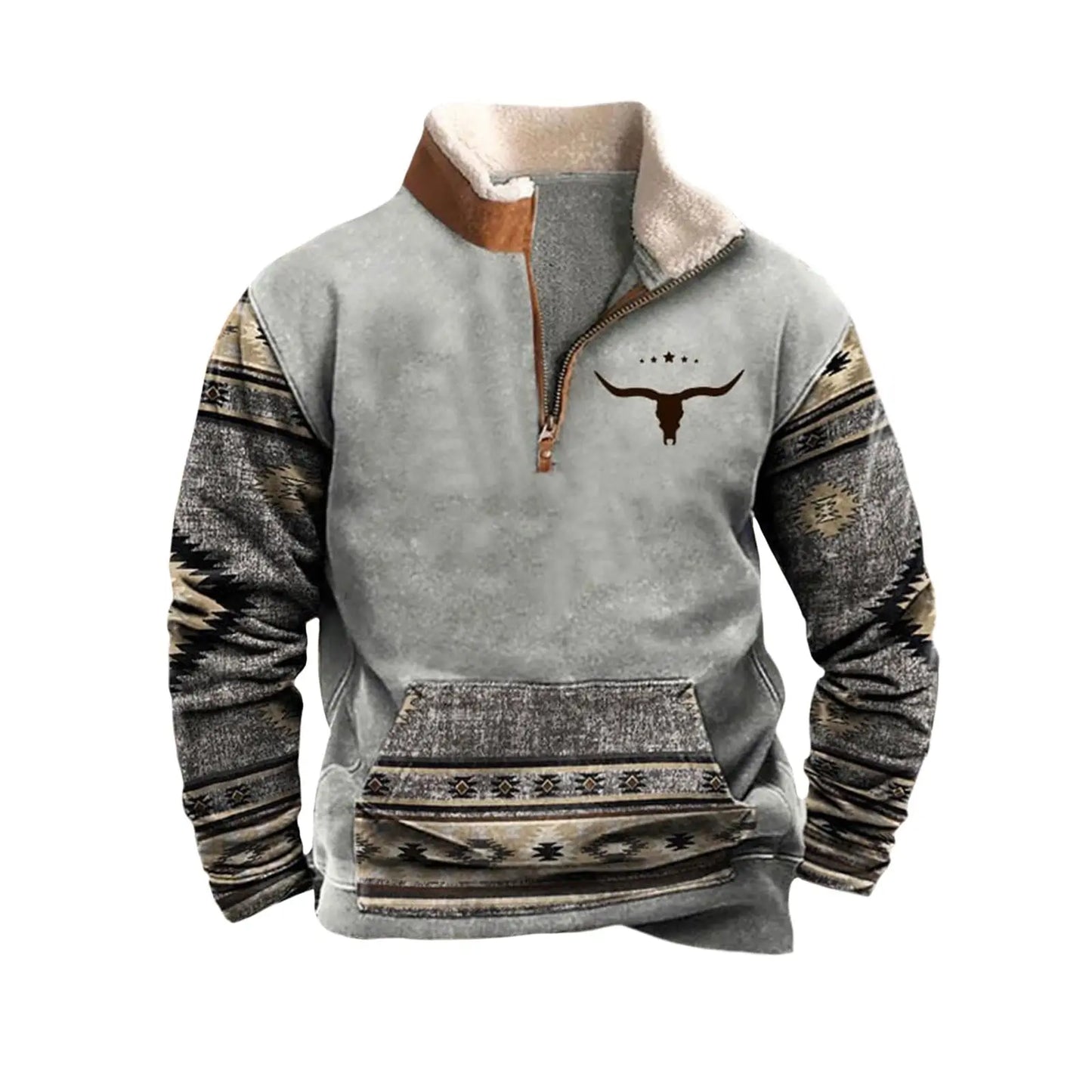 Mens Cowboy Sweatshirt Vintage Print Western Aztec Sweatshirt Casual Long Sleeve 1/4 Zip Fleece Pullover Menswear Hoodie Sweater