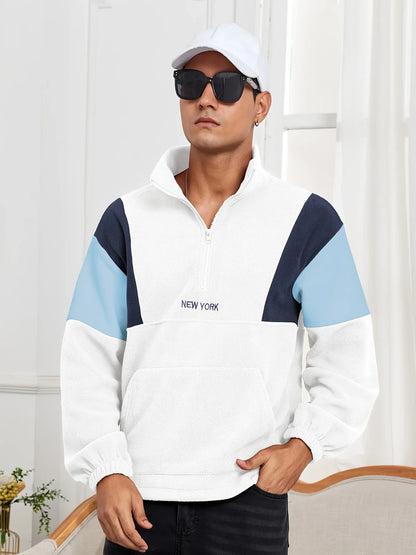 Men's fluffy fleece sweatshirt, embroidered color-block half-zip unisex hoodie