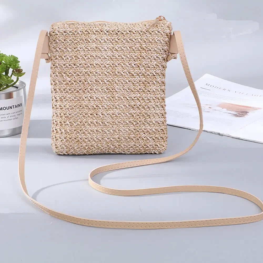 Mini Straw Rattan Woven Plait Small Square Bags For Girl 2024 Summer Beach Slanted Across Straw Messenger Bag Ladies