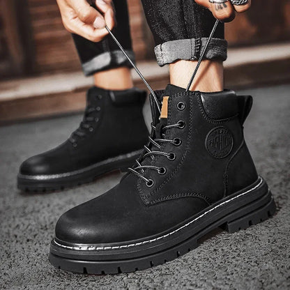 Men’s British Style Knee-High Outdoor Boots – Lace-Up PU Leather Non-Slip Platform Boots