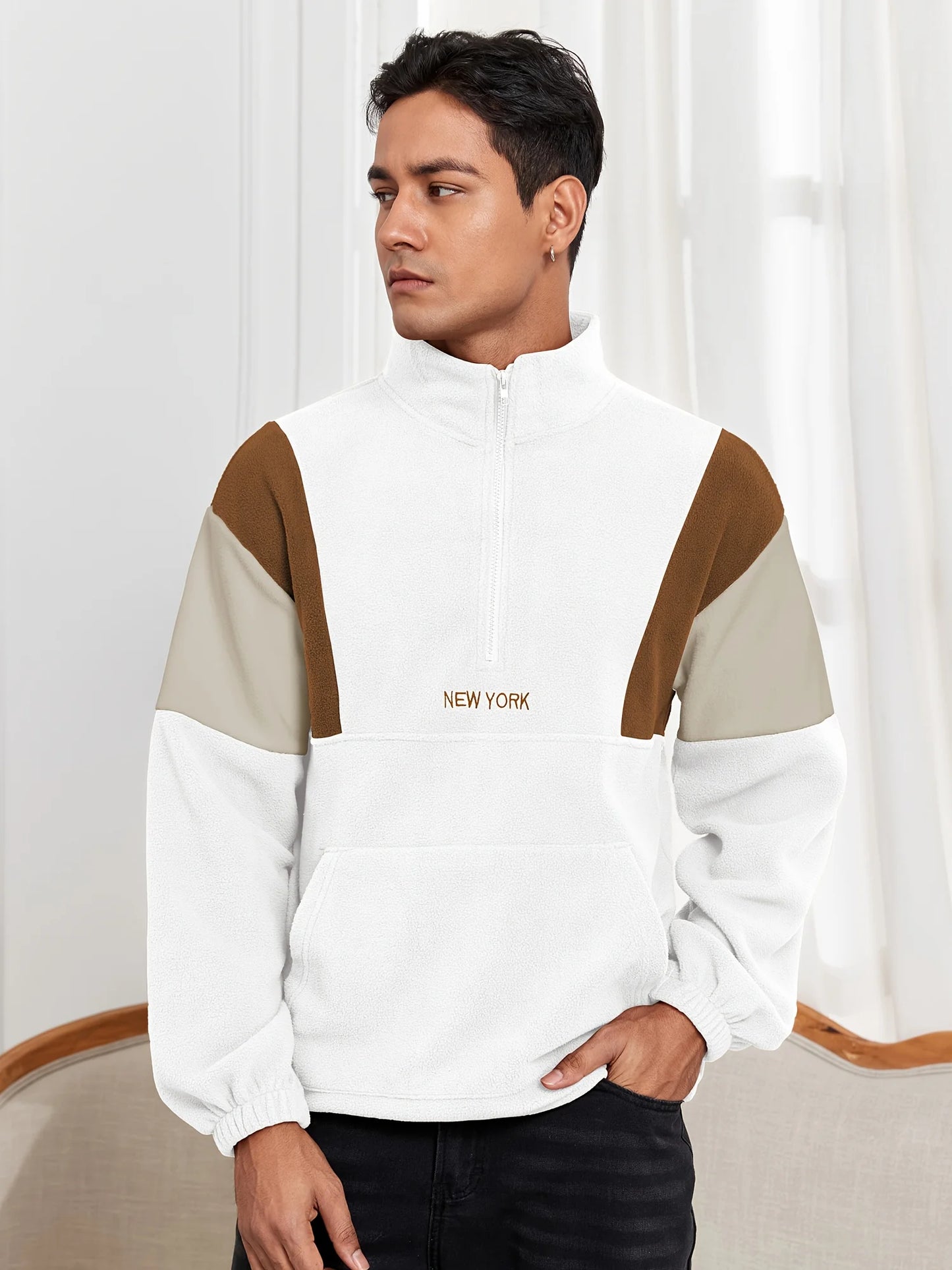 Men's fluffy fleece sweatshirt, embroidered color-block half-zip unisex hoodie