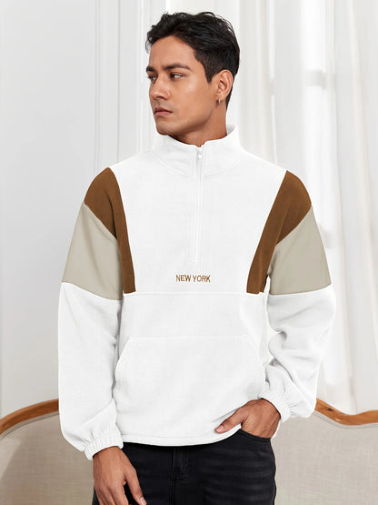 Men's fluffy fleece sweatshirt, embroidered color-block half-zip unisex hoodie