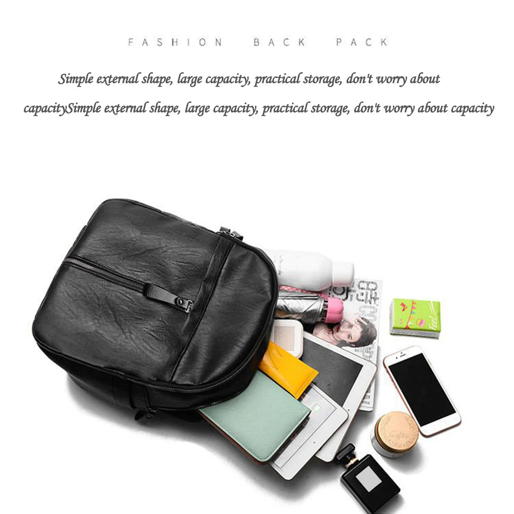 Popular Women Large Capacity Travel Knapsacks Solid Color PU Leather Shoulder Backpacks Student Zipper Rucksack