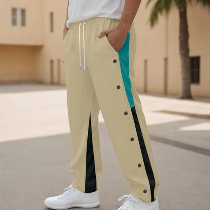 Men Fashion Color Block Casual Pants Comfortable Side Button Down Elastic Waist Drawstring Pocket Street Trendy Casual Bottoms