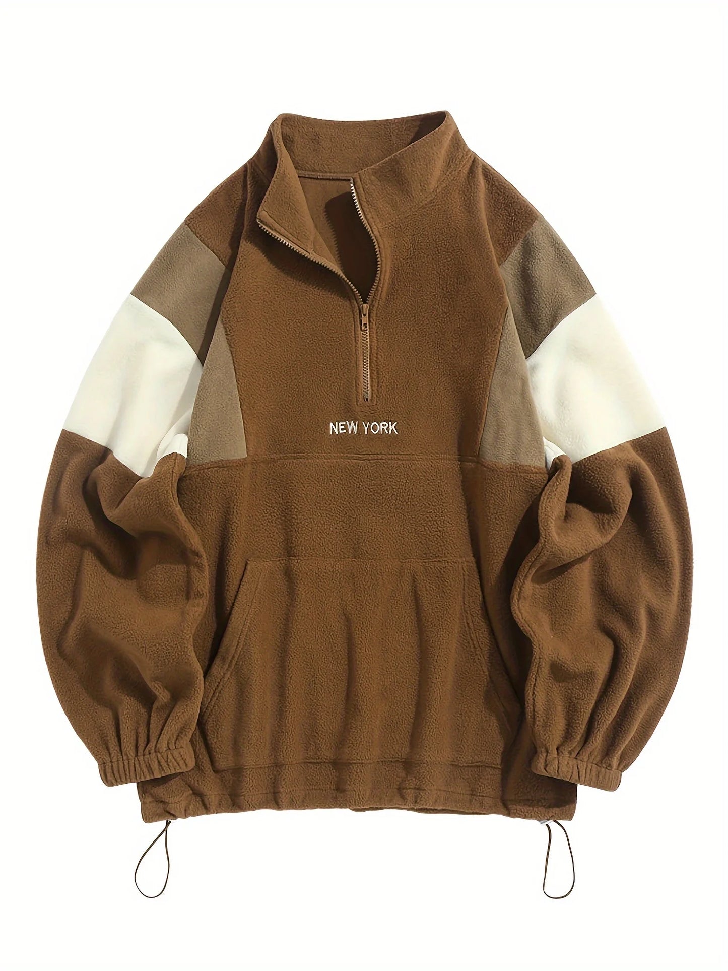 Men's fluffy fleece sweatshirt, embroidered color-block half-zip unisex hoodie