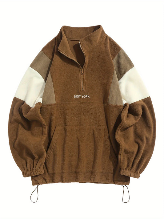 Men's fluffy fleece sweatshirt, embroidered color-block half-zip unisex hoodie