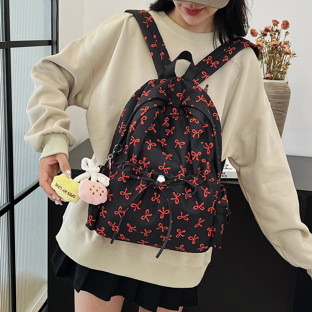 Fashion Trend Backpack Backpack for Women Bow Print Shoulder Bag Nylon Multi Pocklets Laptop Bag Daypack for Travel Work School