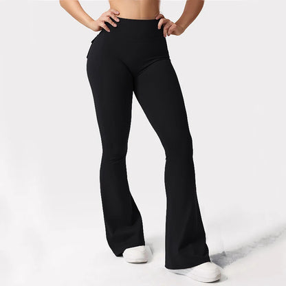 Women's Yoga Flare Trousers, High-Waisted Tummy-Control Wide-Leg Trousers Outdoor Casual Leggings with Pockets, Gym Workout Trou