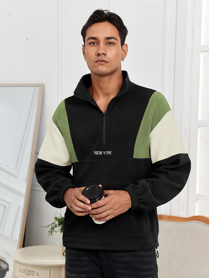 Men's fluffy fleece sweatshirt, embroidered color-block half-zip unisex hoodie