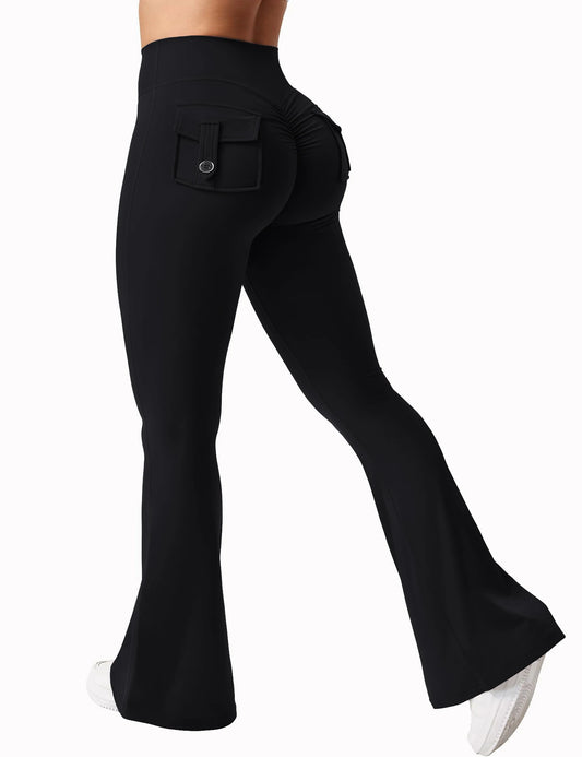 Women's Yoga Flare Trousers, High-Waisted Tummy-Control Wide-Leg Trousers Outdoor Casual Leggings with Pockets, Gym Workout Trou