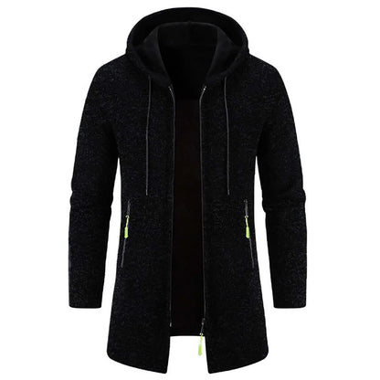Men'S Outdoor Hooded Jacket Mid Length Thin Fleece Sweater Jacket Knit Cardigan Top Coat Long-Sleeve Autumn Jackets For Male