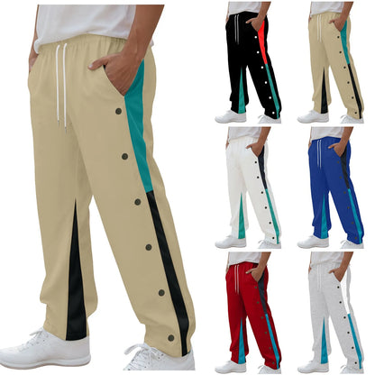 Men Fashion Color Block Casual Pants Comfortable Side Button Down Elastic Waist Drawstring Pocket Street Trendy Casual Bottoms
