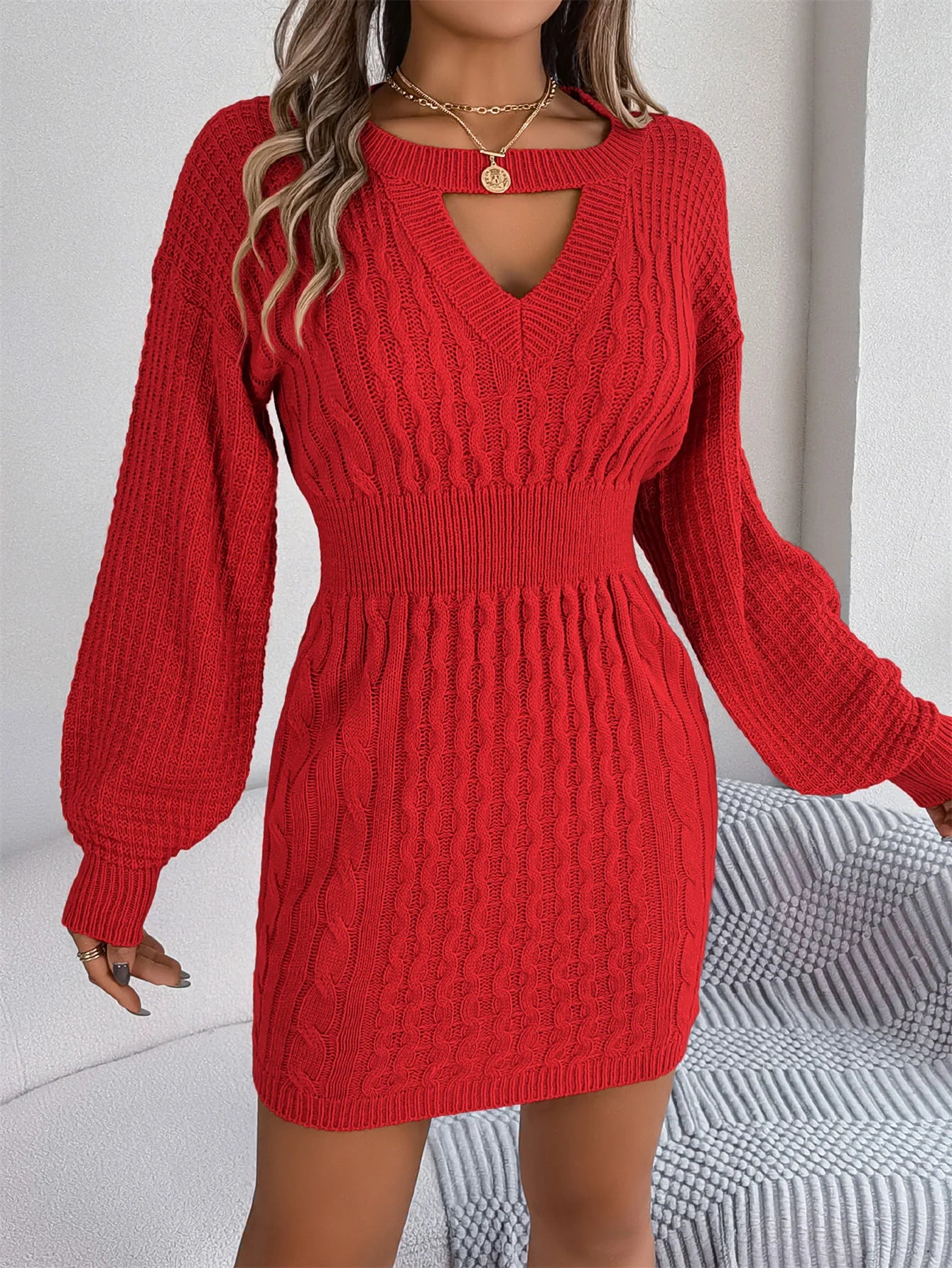 Women Fall Winter Sultry Openwork Fitted Bodycon Sweater Dress Long Sleeve Round Neck Solid