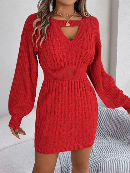 Women Fall Winter Sultry Openwork Fitted Bodycon Sweater Dress Long Sleeve Round Neck Solid