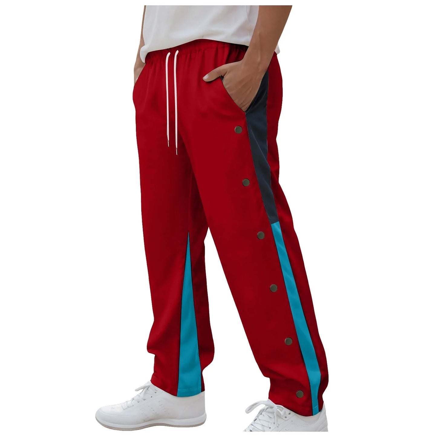 Men Fashion Color Block Casual Pants Comfortable Side Button Down Elastic Waist Drawstring Pocket Street Trendy Casual Bottoms