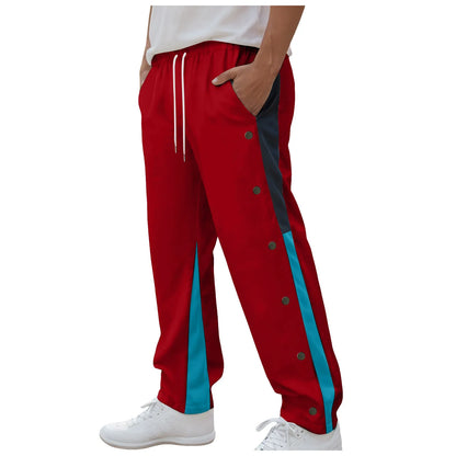 Men Fashion Color Block Casual Pants Comfortable Side Button Down Elastic Waist Drawstring Pocket Street Trendy Casual Bottoms