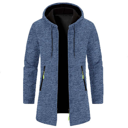 Men'S Outdoor Hooded Jacket Mid Length Thin Fleece Sweater Jacket Knit Cardigan Top Coat Long-Sleeve Autumn Jackets For Male