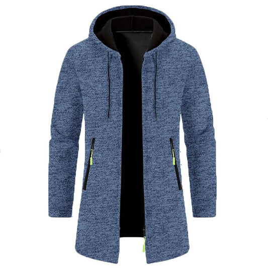 Men'S Outdoor Hooded Jacket Mid Length Thin Fleece Sweater Jacket Knit Cardigan Top Coat Long-Sleeve Autumn Jackets For Male