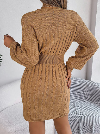 Women Fall Winter Sultry Openwork Fitted Bodycon Sweater Dress Long Sleeve Round Neck Solid