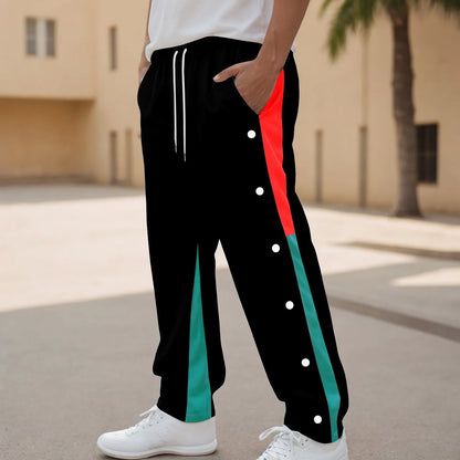 Men Fashion Color Block Casual Pants Comfortable Side Button Down Elastic Waist Drawstring Pocket Street Trendy Casual Bottoms