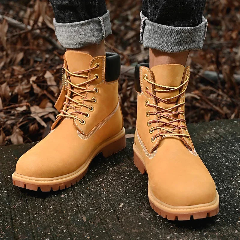 Men’s British Style Knee-High Outdoor Boots – Lace-Up PU Leather Non-Slip Platform Boots