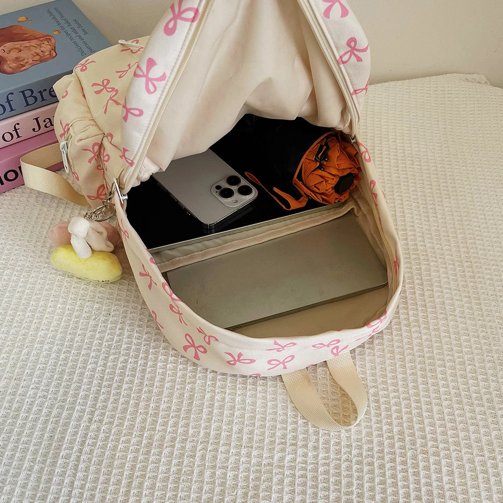 Fashion Trend Backpack Backpack for Women Bow Print Shoulder Bag Nylon Multi Pocklets Laptop Bag Daypack for Travel Work School