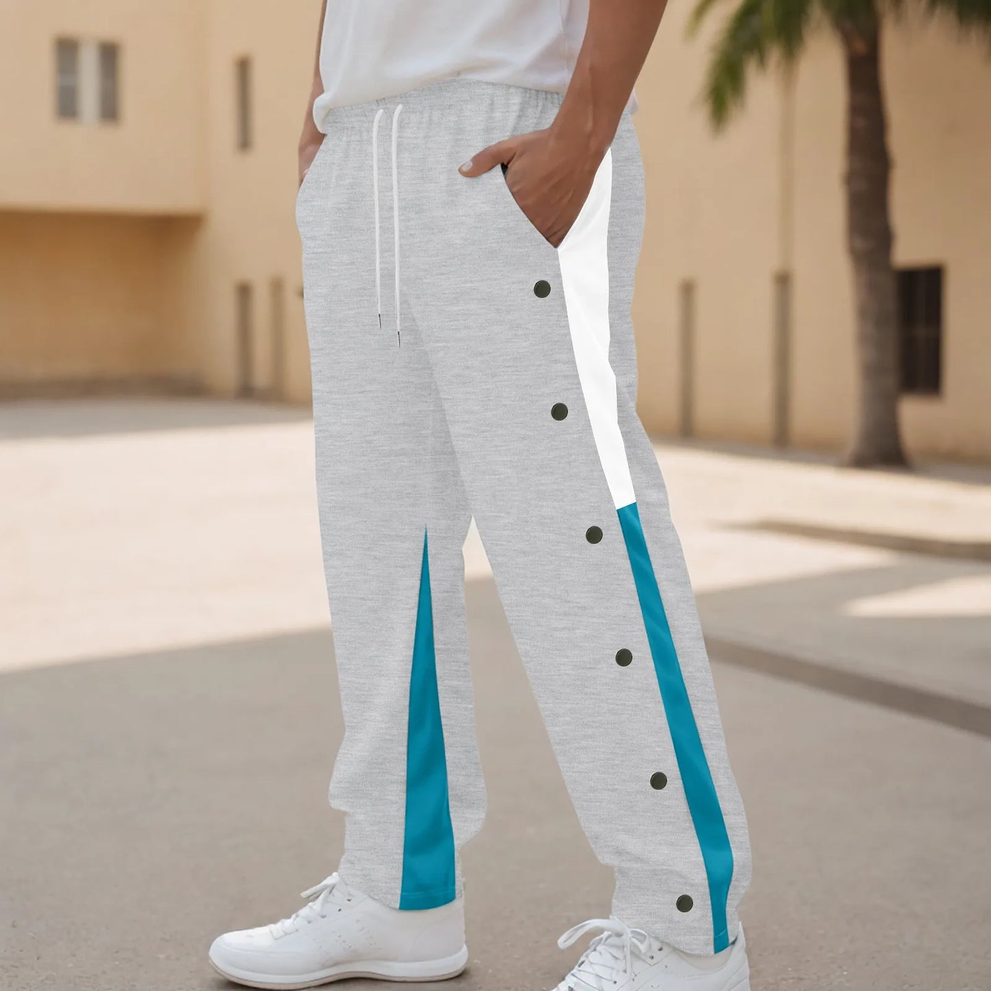 Men Fashion Color Block Casual Pants Comfortable Side Button Down Elastic Waist Drawstring Pocket Street Trendy Casual Bottoms