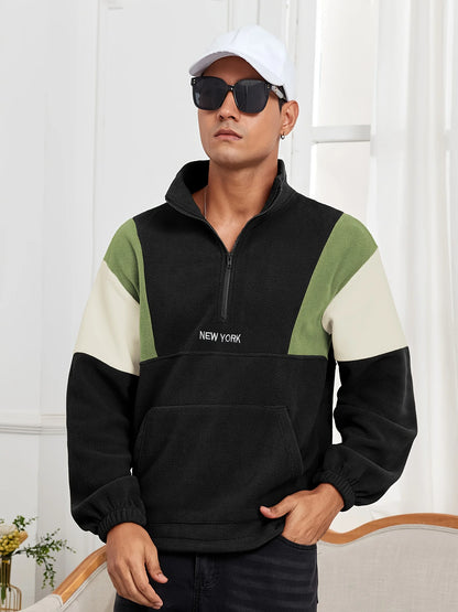 Men's fluffy fleece sweatshirt, embroidered color-block half-zip unisex hoodie