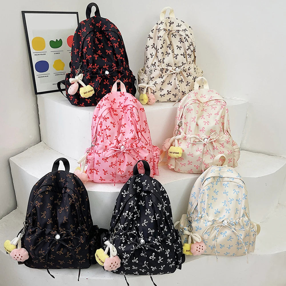 Fashion Trend Backpack Backpack for Women Bow Print Shoulder Bag Nylon Multi Pocklets Laptop Bag Daypack for Travel Work School
