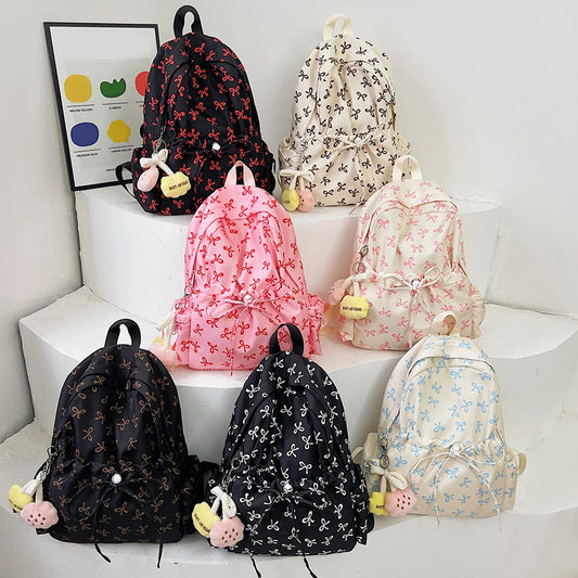 Fashion Trend Backpack Backpack for Women Bow Print Shoulder Bag Nylon Multi Pocklets Laptop Bag Daypack for Travel Work School